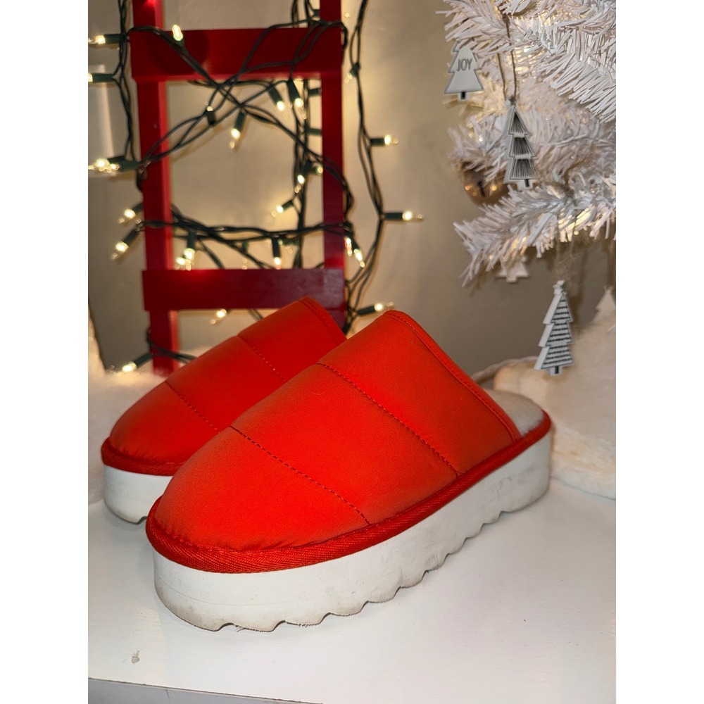 Maeve Anthropologie Orange Puffer Platform Slippers Cozy Faux Fur Lined Size‎ S
